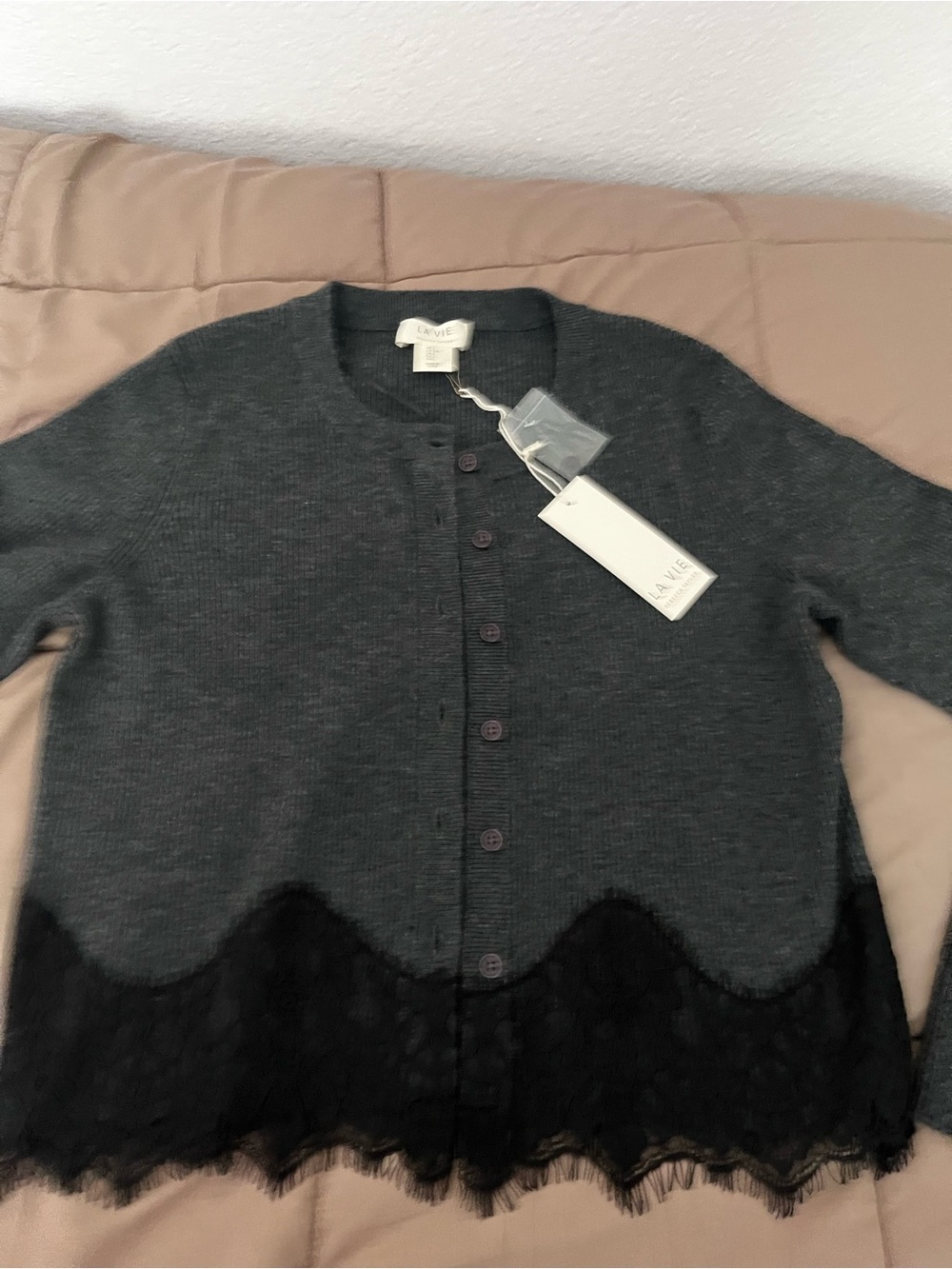 Rebecca Taylor Charcoal Gray Cardigan with Black Lace Hem